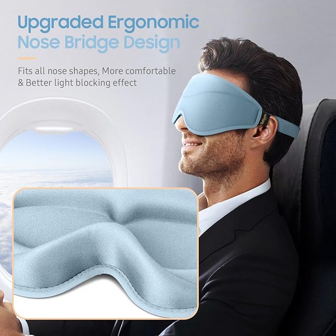BeHoomi Sleep Mask, Premium Eye Mask for Sleeping, Total Blackout, Superior Soft Comfort, Upgraded 3D Ergonomic Designed Sleeping Mask for Home, Office, Travel, Meditation, Sky Blue