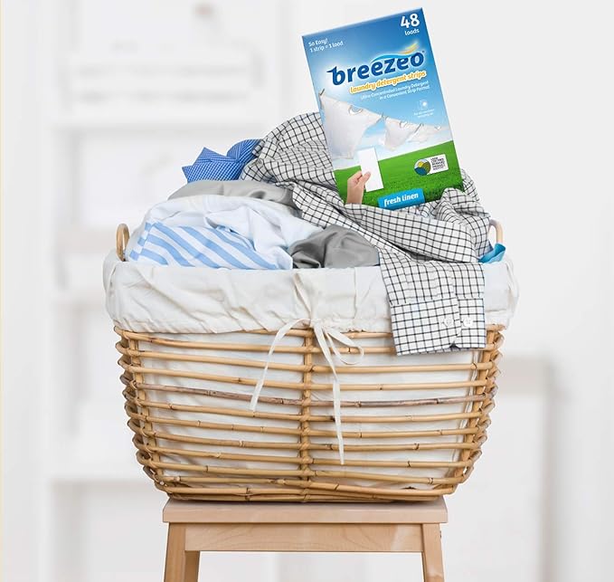 Breezeo Laundry Detergent Strips - Fresh Linen Scent - More Convenient than Pods, Pacs, Liquids or Powders – Great for Home, Dorm, Travel, Camping & Hand-Washing (48 strips) (Pack of 2)