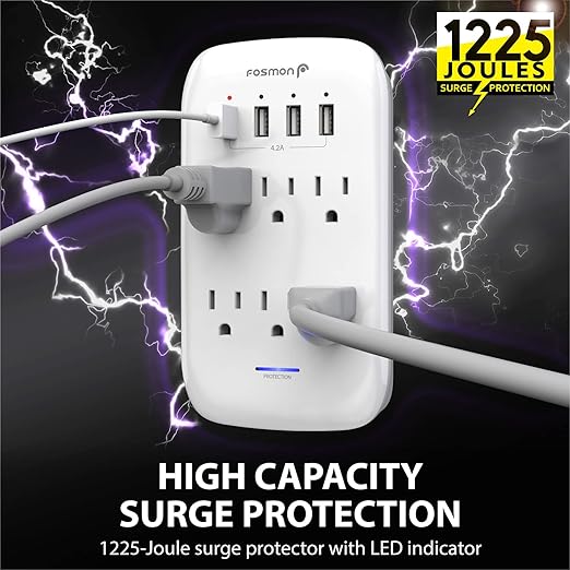 Fosmon 6 Outlet Wall Mount Surge Protector, 3-Prong Surge Suppression 1200 Joules, 15A 125VAC 60Hz 1875Watts Wall Outlet Adapter, Grounded LED, ETL Listed (4 USB-A (1 Pack))
