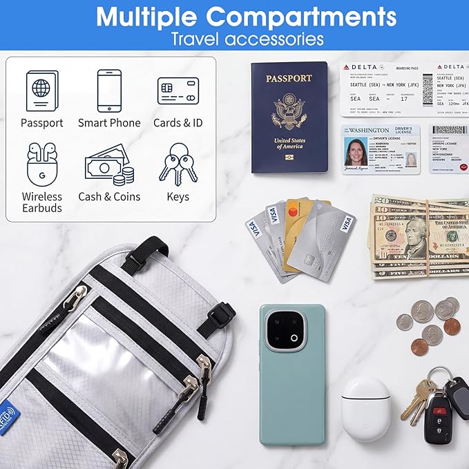 Neck Pouch, Waterproof RFID-Blocking Neck Wallet for Traveling Men, Passport Pouch for Travel, Passport Holder With Strap Ideal for Travelers Men and Women