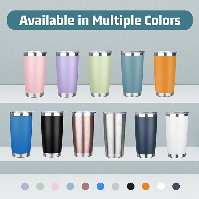 20 oz Tumbler with Lids and Straws, Stainless Steel Insulated Travel Coffee Mug, Double Wall Vacuum Insulated Tumblers, Powder Coated Coffee Tumbler for Cold & Hot Drinks (Mix Color-7)