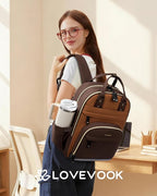 LOVEVOOK Laptop Backpack Women with Tumbler Holder,17.3 inch Work Travel Backpack Computer Laptop Bag,Cute College Nurse Teacher Backpack Purse,Gifts for Women & Men,Brown-Yellowish-brown-Coffee brown