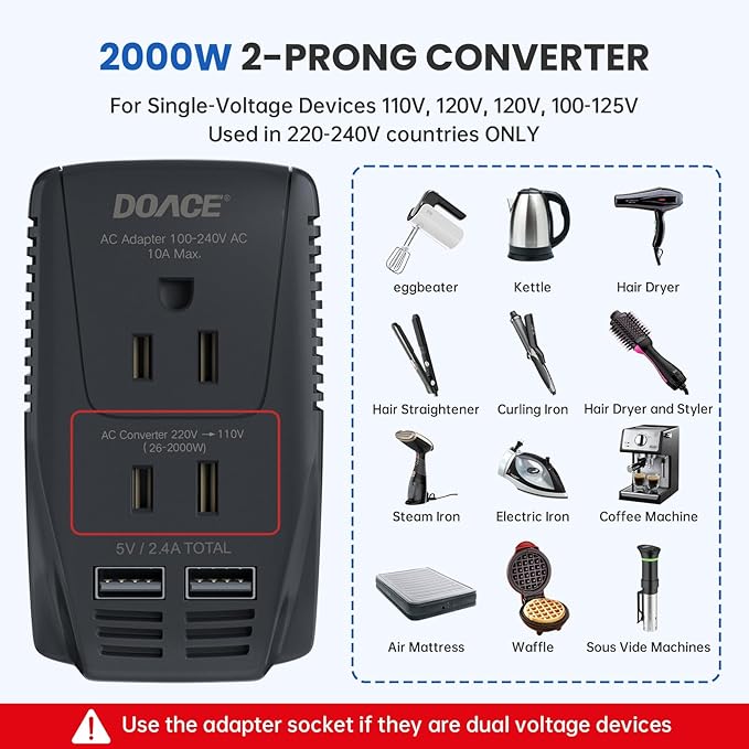 Upgraded 2000W Voltage Converter US to Europe -220V to 110V Converter for European Travel for Hair Dryer Straightener, 2300W Power Converter Adapter Combo with Dual USB for Tablet Camera Cell Phone