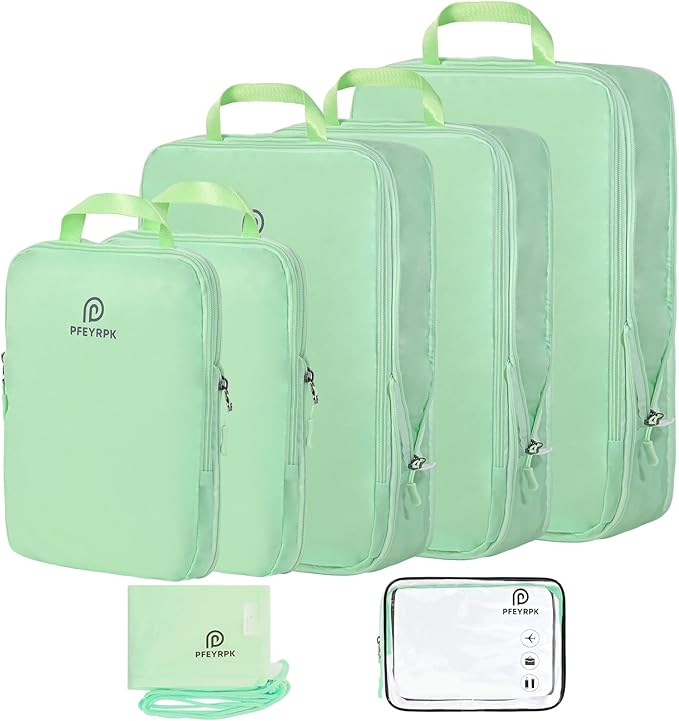 PFEYRPK Lightweight Compression Packing Cubes for Suitcases, Compressible Expandable Travel Packing Organizer with Clear Toiletries and Backpack Bag, Travel Essentials for Carry on Luggage 7 Set