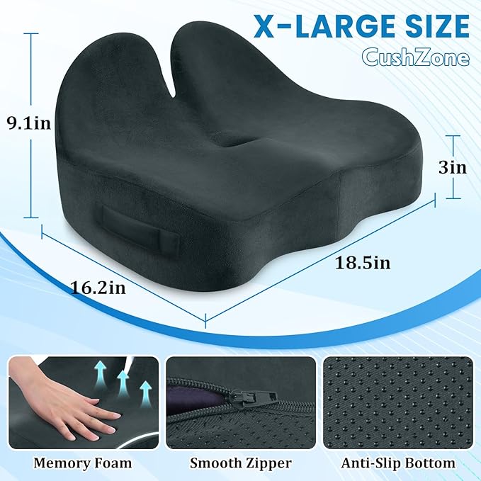 CushZone Seat Cushion, Memory Foam Office Chair Seat Cushion for Office Chairs/Car/Long Trip/Desk Chair/Gaming, X-Large Size for Sciatica & Hip & Tailbone Pain Relief, Sciatica Support (Deep Green)