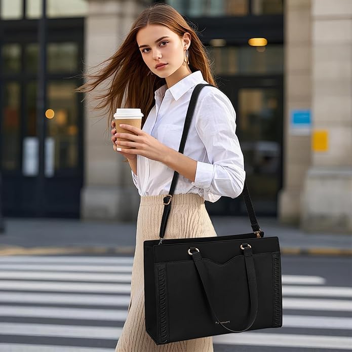 RAINSMORE Laptop Bag for Women 15.6 Inch Work Tote Bag with Detachable Strap & Bow Professional Laptop Tote with Cup Holder