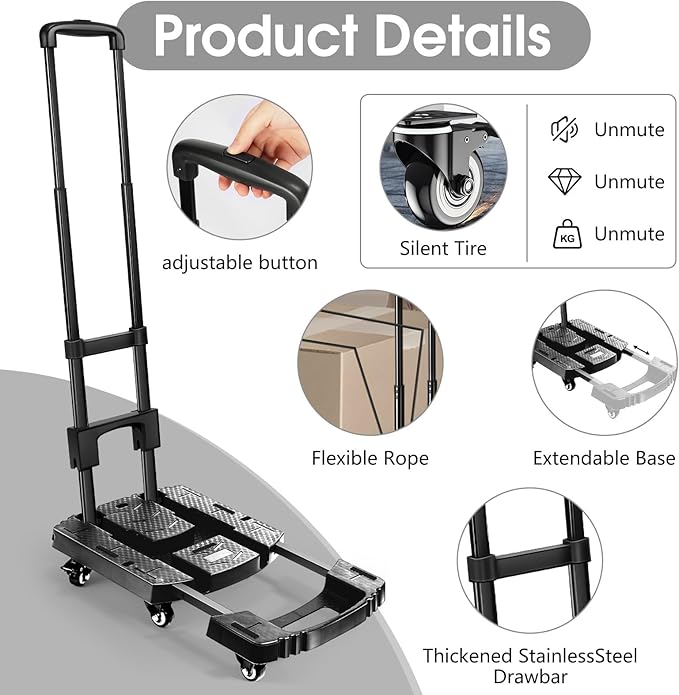 Folding Hand Truck with 6 Wheels and Elastic Ropes - Portable Heavy Duty Dolly Cart for Travel and Moving