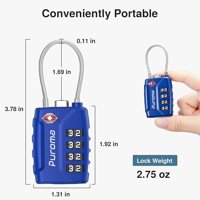 Puroma 2 Pack TSA Approved Luggage Locks, 4 Digit Combination Travel Cable Locks Resettable Code Lock with Zinc Alloy Body for Suitcase, Toolbox, Backpack, Bag, Gym Locker (Basic Blue)