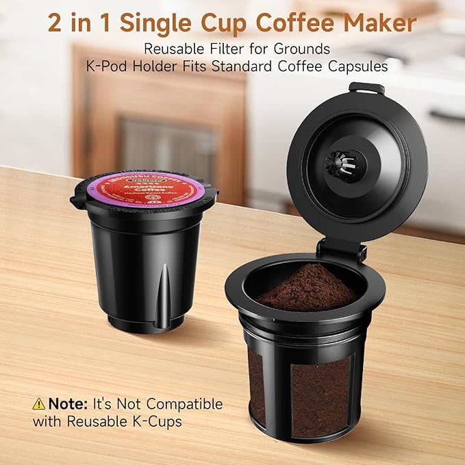 Horavie Small Single Serve Coffee Maker, Fast Brew One Cup Coffee Machine for K Cup and Grounds, 6 to 12 oz. Brew Sizes, Capsule Coffee Machine with Descaling Reminder and Viewing Tank, Grey