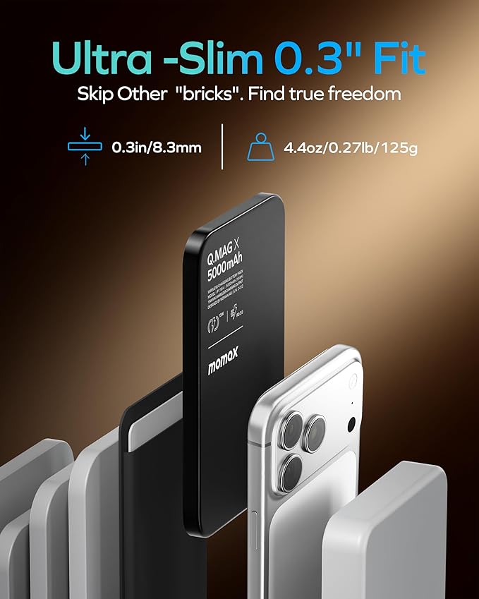 MOMAX Magnetic Power Bank 5000mAh, Ultra Slim 0.3Inch, 20W Fast Charging, Wireless Portable Charger for iPhone 17/16/15/14/13/12 Series, Magsafe Compatible(Black)