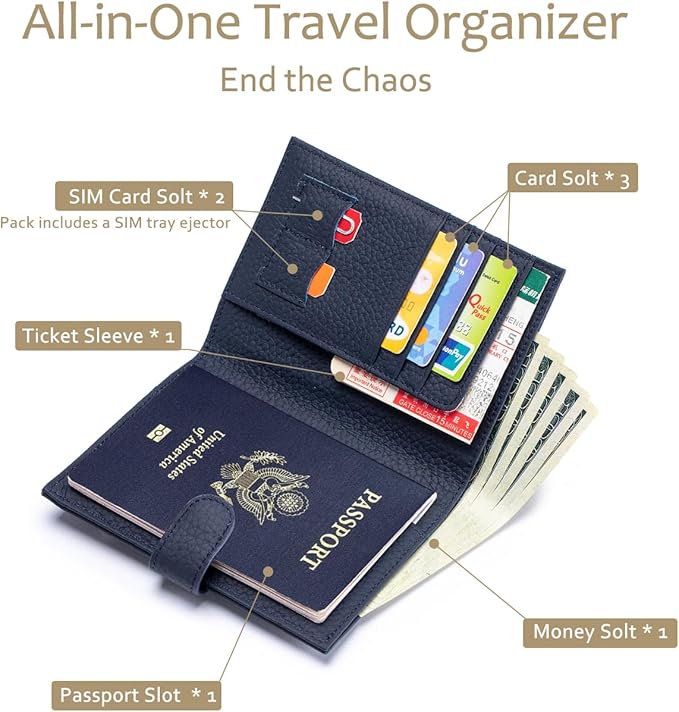 RFID Leather Passport Holder for Travel Women & Men – Slim Passport Wallet for Womens with Card Slots, Zippered Coins Pocket and Cash Holder Mother's Day Gift (Sapphire Blue)