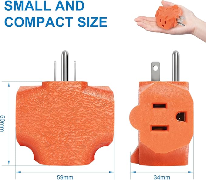 EXTRASTAR 3 Outlet Extender, Heavy Duty Grounded Wall Tab, T-Shaped Adapter Spaced, Electrical Multi-Outlet with 3 Prong, 3 Way Plug, ETL Listed Power Splitter for Home Office - Orange(4 Pack)