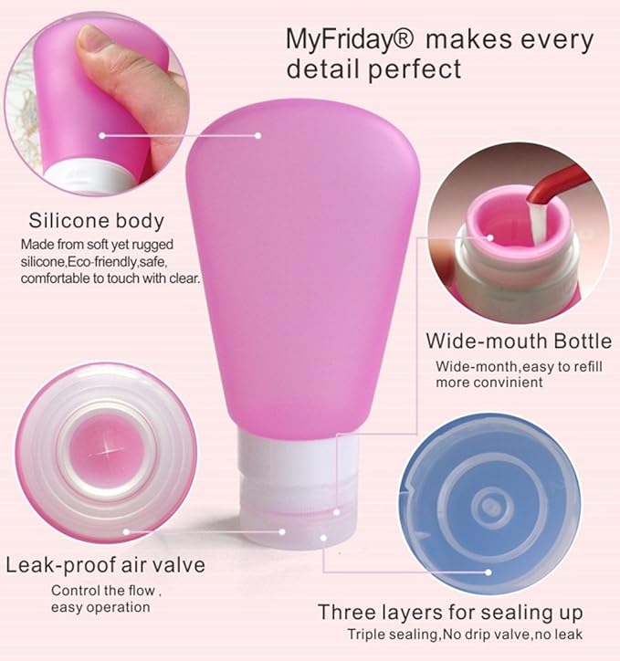 3 Pack Portable Food Grade Squeeze Silicone Liquid Travel Bottles For Shampoo, Conditioner, Lotion, Toiletries, condiments(2 OZ Pink + White + Blue)