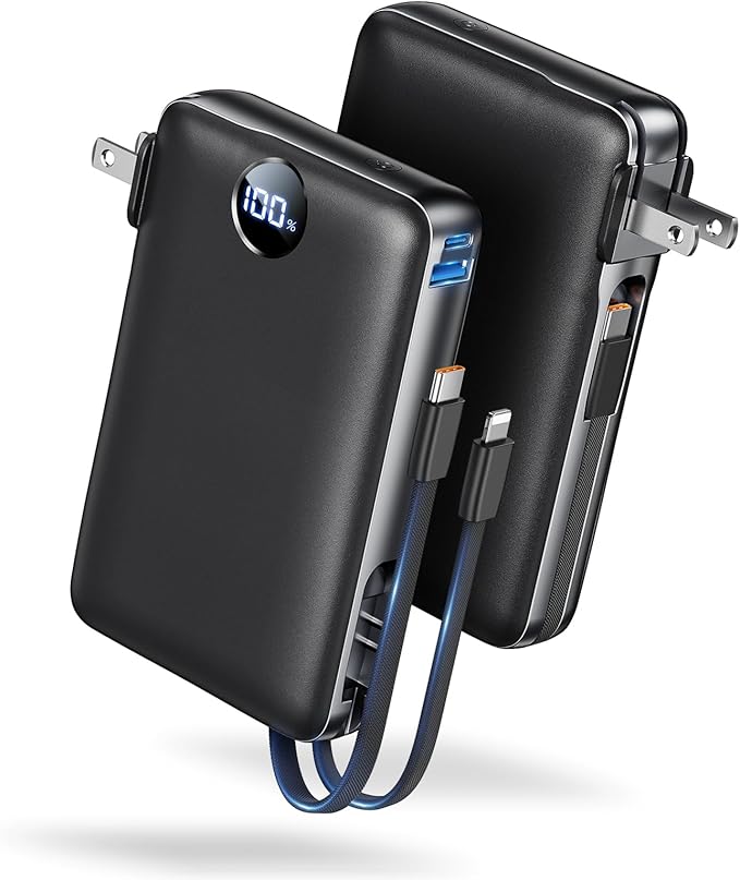 Portable Charger 50000mAh with Built-in Cables and AC Wall Plug, 22.5W Fast Charging Power Bank with LED Display for iPhone 17/16, Samsung, Android Devices, Camping, Road Trips and Travel, Black
