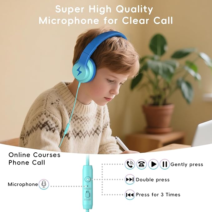 Candy Bila Kids Headphones, Wired Headphones for Kids with Microphone, 85/94dB Volume Limiter Headphone for Girls Boys, Foldable Headphone for Online Study, Gradient Blue
