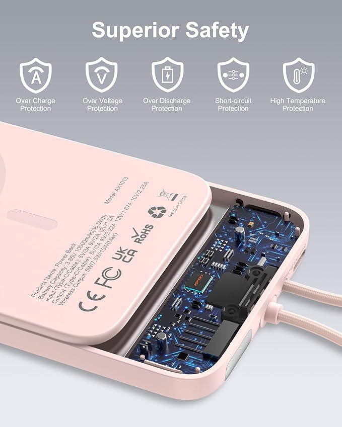 AsperX Wireless Portable Charger, 10000mAh Magnetic Power Bank with Type-C Cable, 22.5W PD Fast Charging Output Portable Battery Pack for iPhone 17/16/15/14/13/12/ All Series, Pink