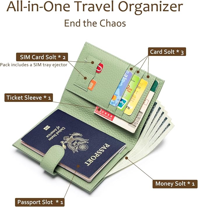 RFID Leather Passport Holder for Travel Women – Slim Passport Wallet with 1 Passport Slot & 3 Card Slots, Zippered Coin Pocket & SIM Slot – Travel Passport Cover Case (Light Green)