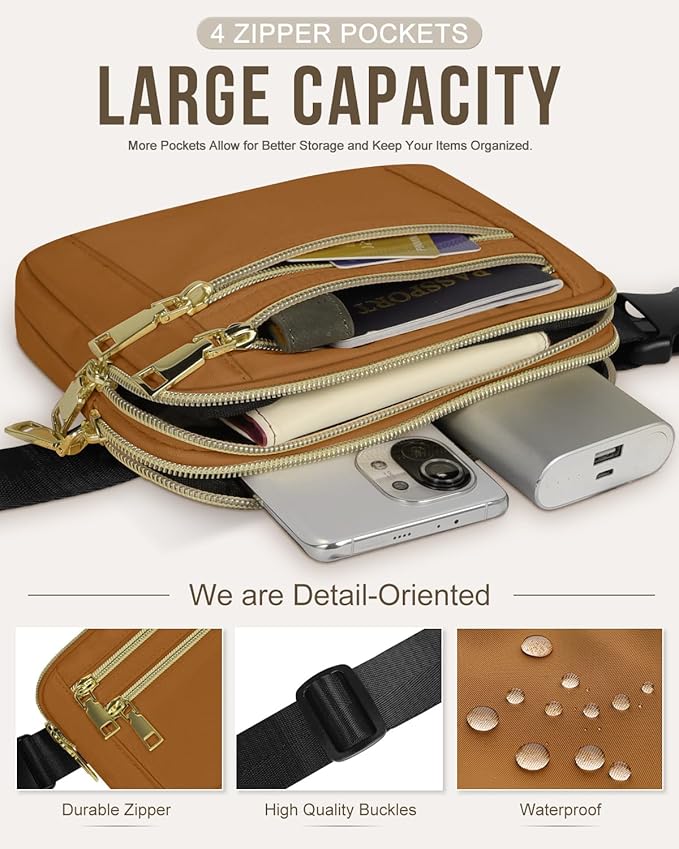 Capolo Fanny Packs for Women Fashion Waist Packs Bag with Adjustable Strap and 4 Zipper Pockets Waterproof Everywhere Crossbody Belt Bag for Workout Running Travelling(Brown, Large)