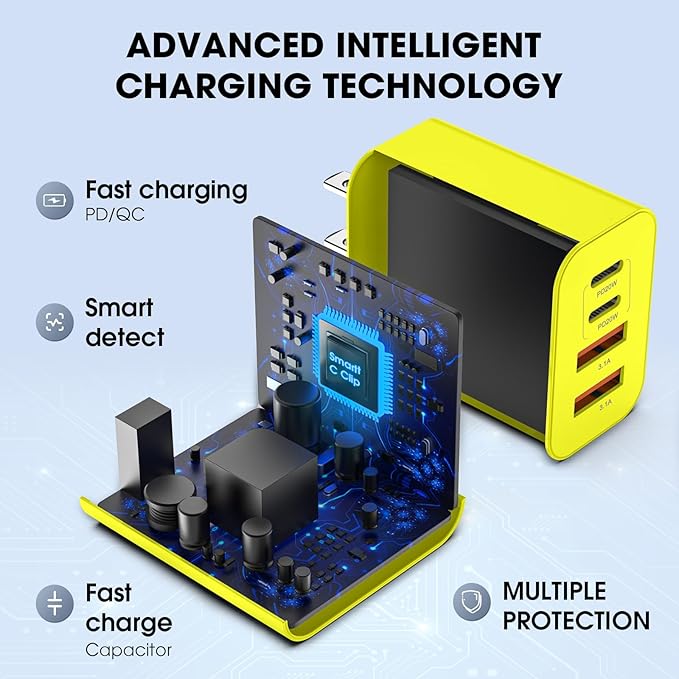 USB C Charger Block, 2 Pack 40W 4-Port iPhone Charger Fast Charging Multiport PD 3.0 & QC 4.0 Double Quick Charge, Compatible with iPhone 17/16/15/14/13/12/11，Pro Max，iPad, Samsung (2, Yellow)