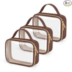 Wedama TSA Approved Toiletry Bag, 3 Pack Clear Makeup Bags with Handles, Quart Size PVC Clear Cosmetic Bags for Women and Men, Carry on Airport Airline Compliant Bag, Brown