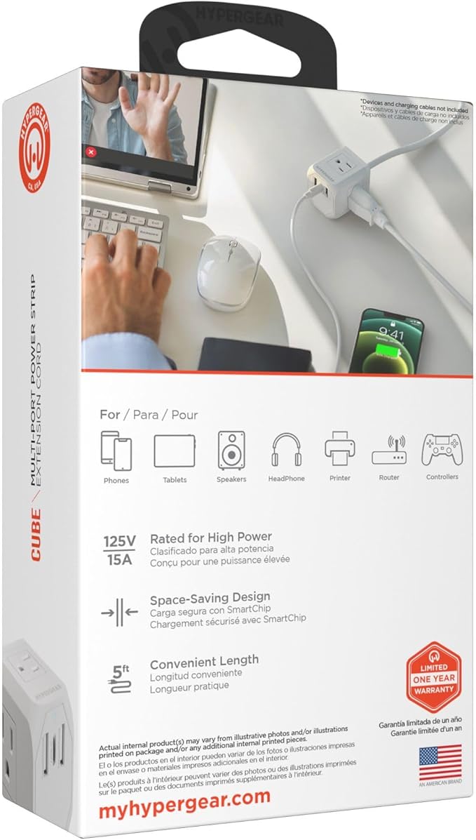 HyperGear Surge Protector Multi Plug 6-in-1 Wall Extension Cord - Multiple Wall Plug Extension Outlet Splitter, Multiplug Electric Power Extender, Electrical Multi-Outlets Power Socket