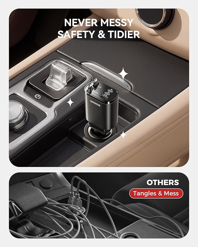 SUPERONE 90W Retractable Car Charger with Dual Type C Cables, Car Adapter USB C Fast Charger, 5-in-1 Multi Port Fast Charging Compatible with iPhone 17 16 15 14 13 12, Galaxy, Pixel, iPad - Black