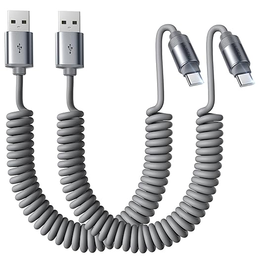 LISEN Coiled USB C Cable, 2 Pack for Android Auto & CarPlay Cable, Short USB A to USB C Cable Compatible with iPhone 17/16/15, Samsung Galaxy S25/S24/S23 A15/A14, Google Pixel 9/8, Space Gray 6FT