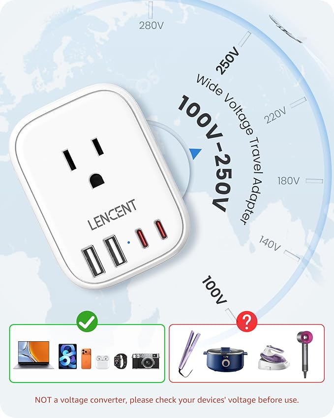 LENCENT US to Japan Plug Adapter, 2 Prong to 3 Prong Outlet Adapter with 4 Outlets 4 USB Ports(2 USB C), Type A Travel Converter for US to Japan Canada Mexico China Philippines Peru