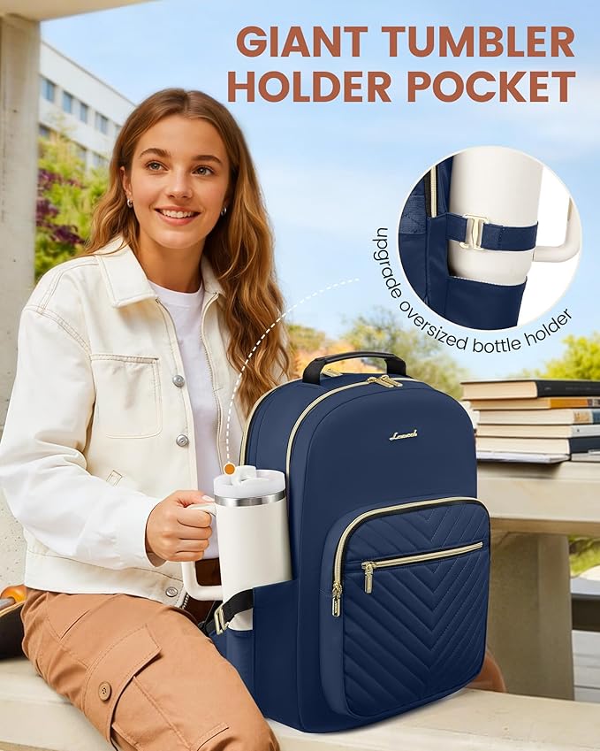 LOVEVOOK Laptop Backpack for Women with Giant Tumbler Holder 18.4 inch,Designer Travel Backpack Laptop Bag College Backpack,Quilted Work Nurse Teacher Backpack Purse Computer Bag Daypack,Navy Blue