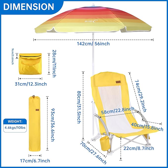 Nice C Beach Chair, Sand Chair, Lake Chairs for Adults with Umbrella and Cooler, Low Beach Chairs High Back, Cup Holder & Carry Bag & Heavy Duty Compact Outdoor, Camping (One Yellow)