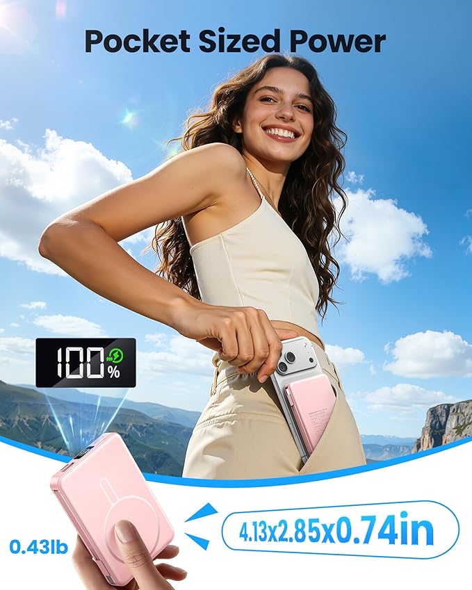 Magnetic Portable Charger, Power Bank Fast Charging 22.5W 10000mAh, Portable Charger with Built in Cable, for Magsafe Battery Pack Compatible with iPhone 17/16/15/14/13/12 Pro/Pro Max, Samsung Pink