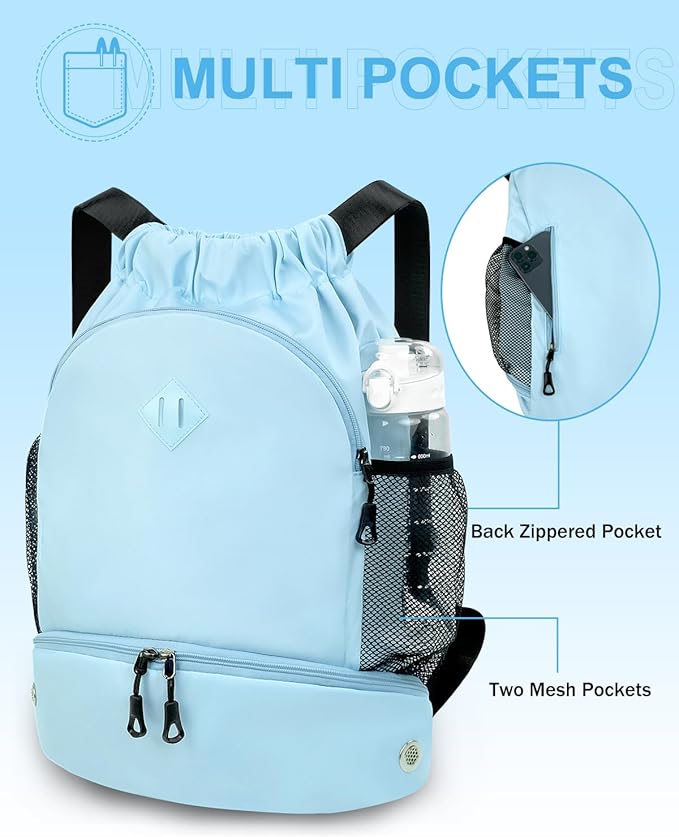 RHDZO Drawstring Backpack Gym Backpack with Shoe Compartment for Men Women String Sports Bag with Wet Pocket Cinch Swim Beach Bag, Large Blue