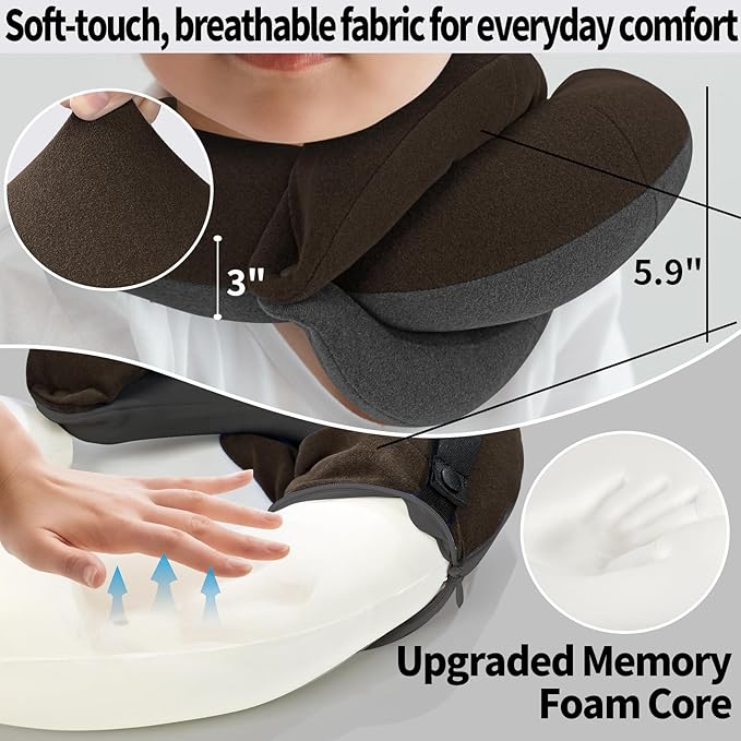 BUYUE Kids Travel Pillows for Airplane, Memory Foam 360° Head Support Sleeping Essentials for Boys Long Flight, Skin-Friendly Soft Neck Pillow for Traveling in Car Seat, (Small, Brown Grey, 40-90 lbs)