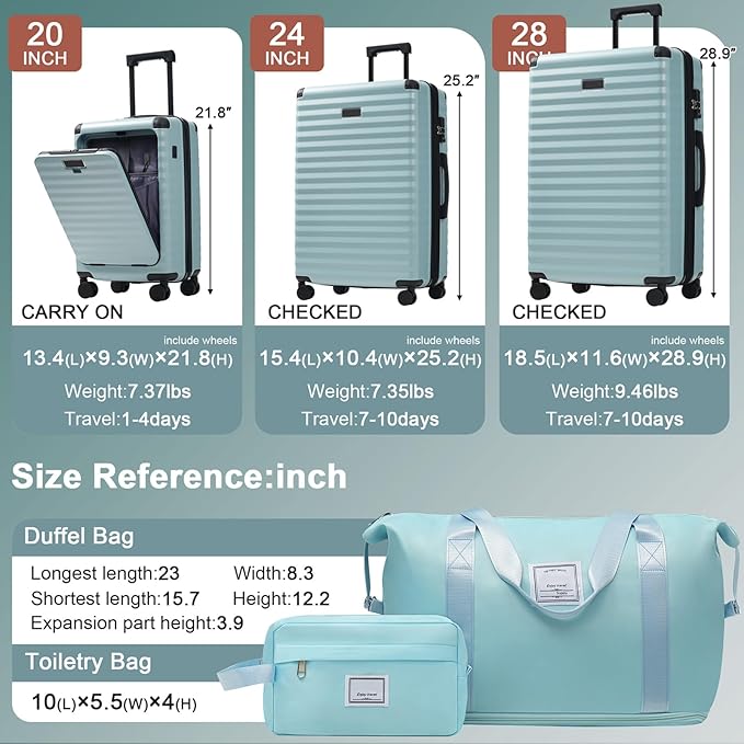 5 Piece Luggage Set w/TSA Locks & USB Port, Front Opening Hard Shell Luggage Sets, Expandable Suitcase Set with Wheels and Cup Holder(20"/24"/28") (Light Blue)