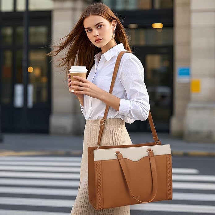 RAINSMORE Laptop Bag for Women 15.6 Inch Work Tote Bag with Detachable Strap & Bow Professional Laptop Tote with Cup Holder
