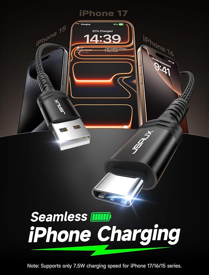 JSAUX USB C Cable 3.1A Fast Charging, 3-Pack (10ft+6.6ft+3.3ft) USB A to Type C Charge Cord Compatible with iPhone 16e/16 Pro/16 Pro Max/15, Samsung S24 S22 S20 Note 20, CarPlay, USB C Charger(Black)