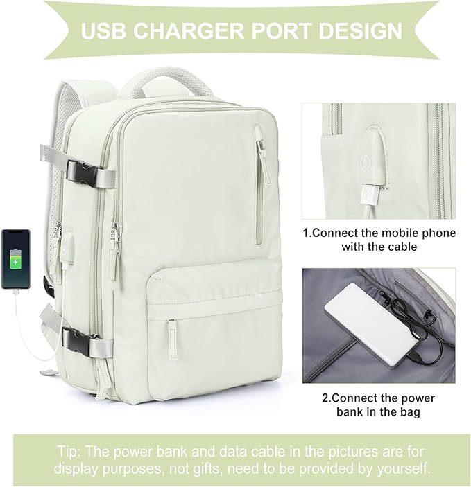 WONHOX Large Travel Backpack Women, Carry On Backpack, Hiking Backpack Waterproof Outdoor Sports Rucksack Casual Daypack with USB Charging Port Shoes Compartment, Moon White