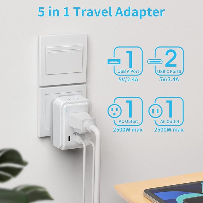 VINTAR Israel Adapter Plug Kit, UK Adapters for Travel with 3 USB Ports (2 USB C) and 2 American Outlets, Type C,G,H Swap&Adapt Attachments, Adapter for Europe and UK Israel Ireland Iceland