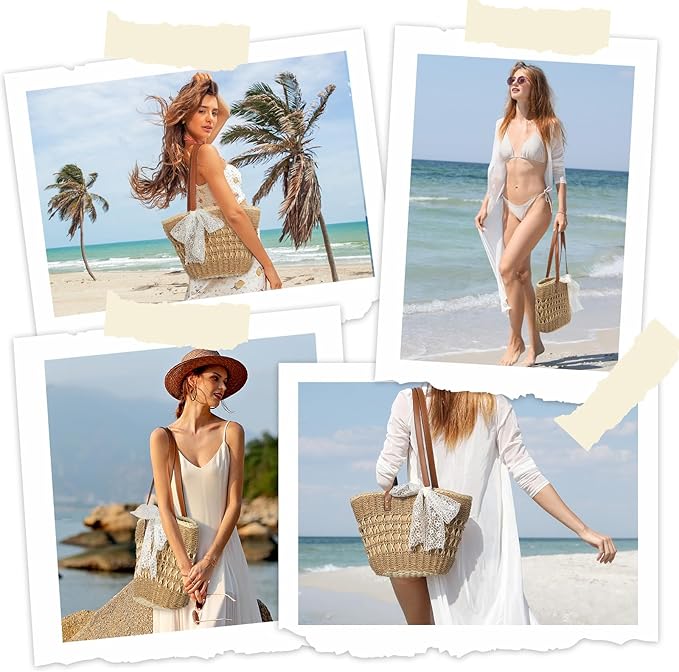 Trifabricy Beach Bags for Women, Summer Straw Bag, Woven Straw Beach Tote Bag Shoulder Handbags
