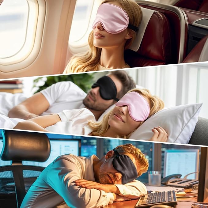 Sleep Eye Mask for Men Women, Silk Sleep Mask for Side Sleeper, Travel Blackout Night Blindfold Eye Shade Cover with Adjustable Strap (Black & Black)