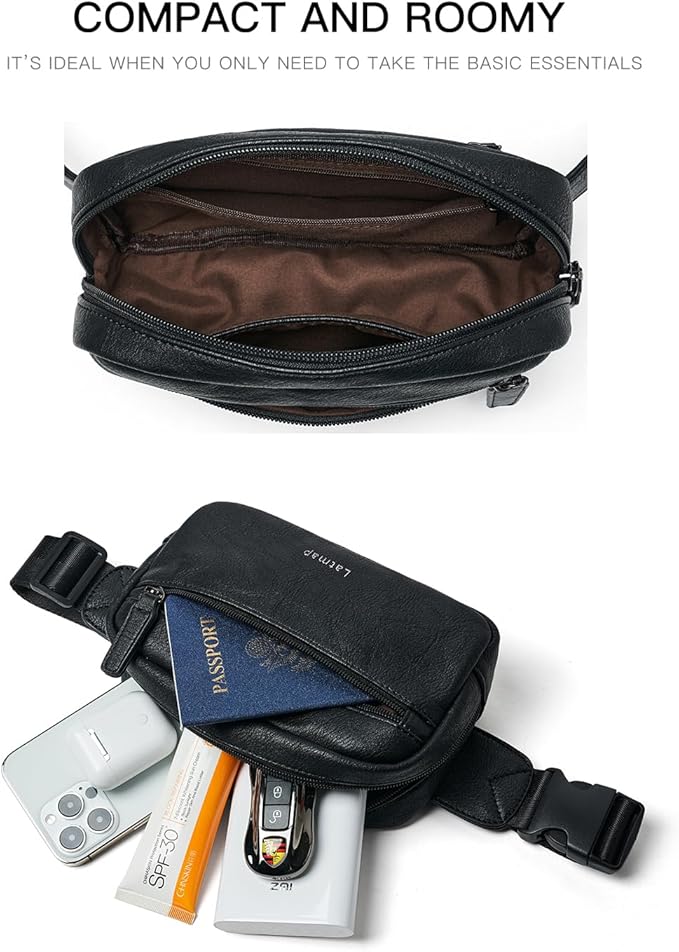 LATMAP 2L Fanny Packs Everywhere Belt Bag Small Fashion Crossbody Waist Pack Faux Leather Waterproof Sling Chest Bag For Women Trendy Black