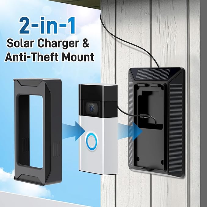 Solar Charger for Ring Doorbell, 2-in-1 Doorbell Mount with 6W Waterproof Solar Panel, USB-C Charging Port, Continuous Power Supply, No Battery Disassembly Required