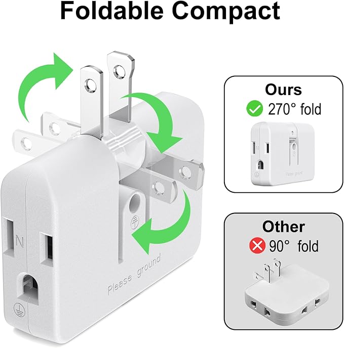 ETwinCoo 2-Prong/3-Prong Swivel Adapter, Polarized Grounding Converter with Flat Wall Plug, Fireproof 3-Outlet for Home Use (2 Pack)