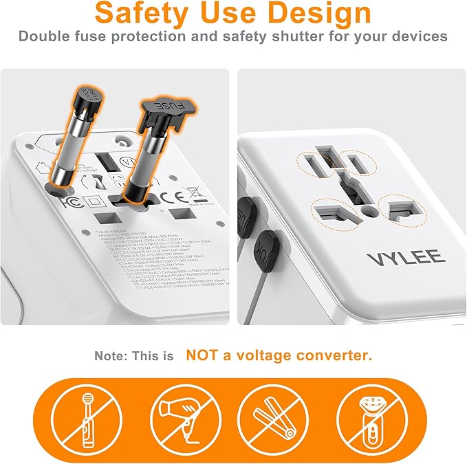 VYLEE PD100W GaN Universal Travel Adapter, International Power Adapter in One, 3 USB C & 1 USB A & AC Outlet, Travel Adapter Worldwide Plug Adapter with USA EU UK AUS Plugs (White)
