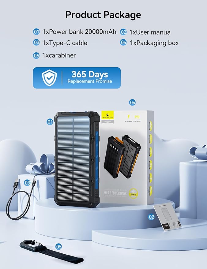 Solar-Charger-Power-Bank - 20000mah Solar Powered Battery Charger Cell Phone,20W Fast Charging Built in Cables,Camping Essentials Portable External Battery Pack Compatible with Multiple Devices