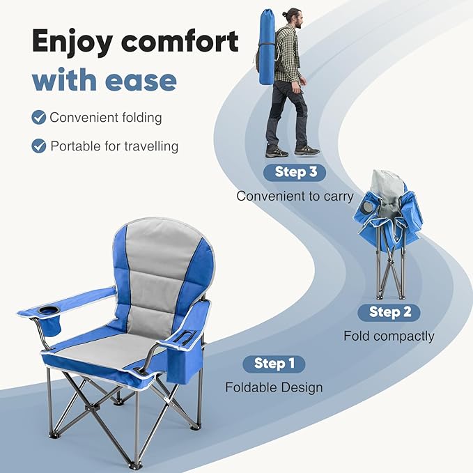NEWBULIG Oversized Folding Camping Chair for Adults, Portable Outdoor Collapsible Chairs, 500 LBS Heavy Duty Support, with Cup Holders, for Lawn, Fishing, Hiking, Blue