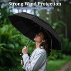 Yoobure Windproof Travel Umbrella with Wood Handle - Automatic Umbrellas for Rain & UV Sun Protection, Compact 46" Large Canopy, Lightweight Backpack Portable for Walking & Outdoor