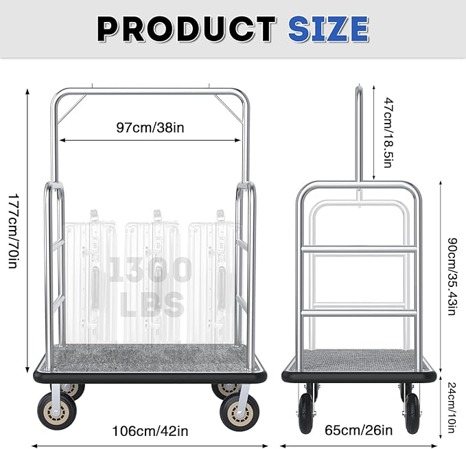 Hotel Luggage Cart Commercial Grade Brushed Stainless Steel, 900LBS Heavy Duty Bellman's Cart with 8" Rubber Wheels & Grey Carpeted Deck Luggage Trolley for Hotels Resorts (Silver, 42"× 26" × 70'')