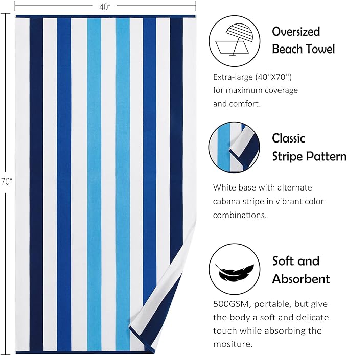 Bornbay Cotton Oversized Beach Towel - Extra Large 40"X70" Plush Thick Pool Towel, XL Fluffy Multi Blue Beach Towels Stripe Swimming Towel for Adults Mens Women