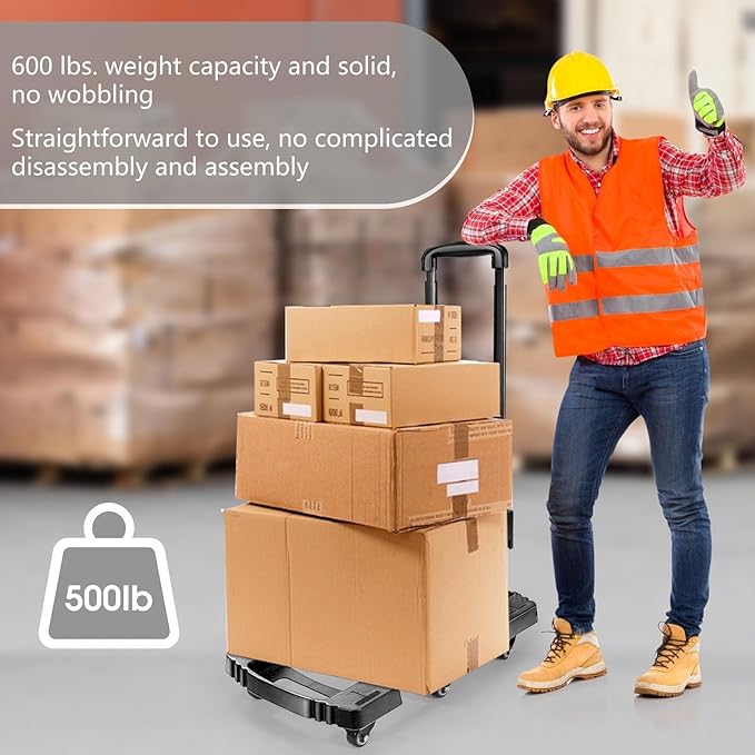 Folding Hand Truck with 6 Wheels and Elastic Ropes - Portable Heavy Duty Dolly Cart for Travel and Moving